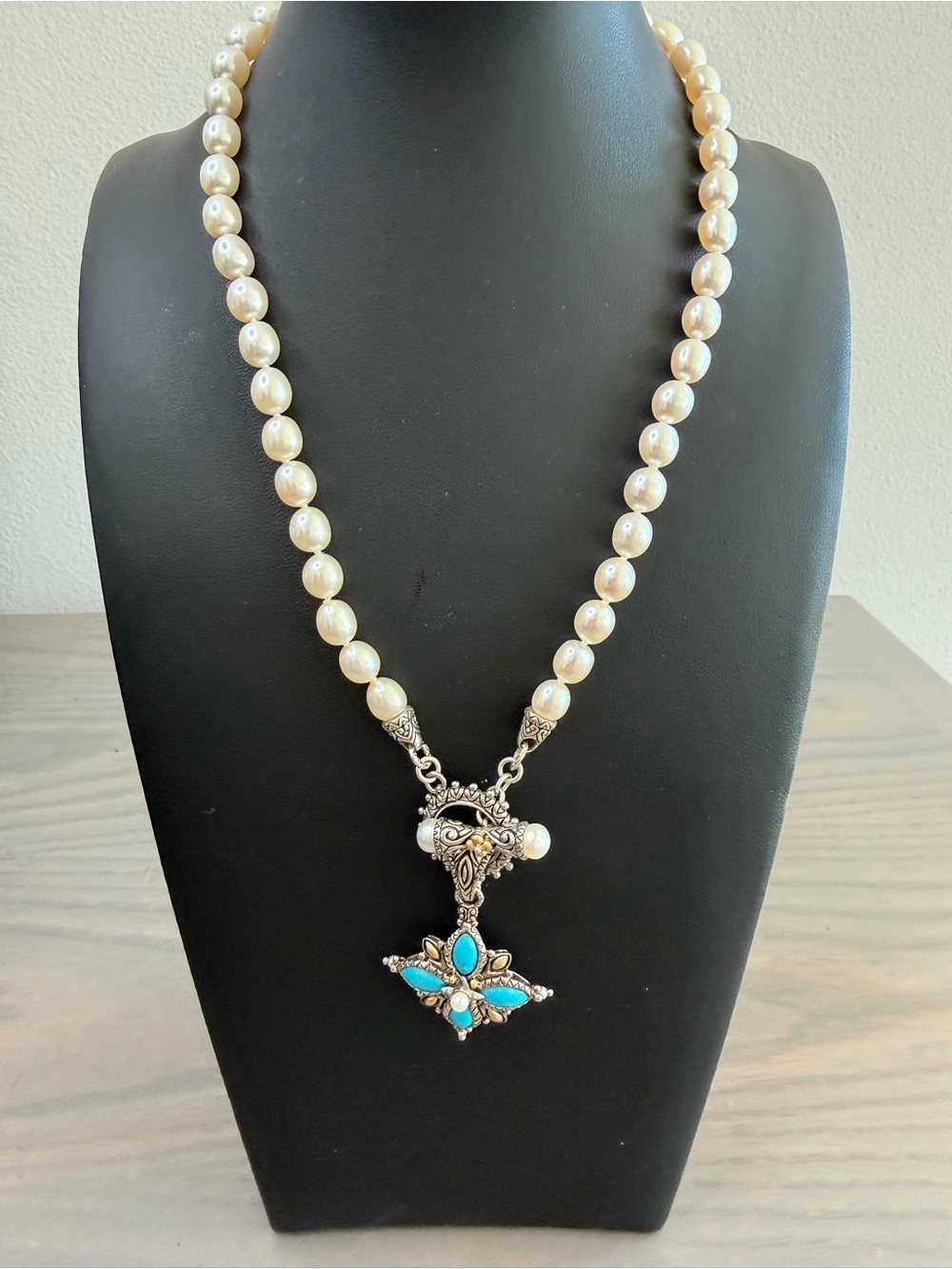 Barbara Bixby Pearl Sterling Silver and 18k Gold Necklace with Two Pendants